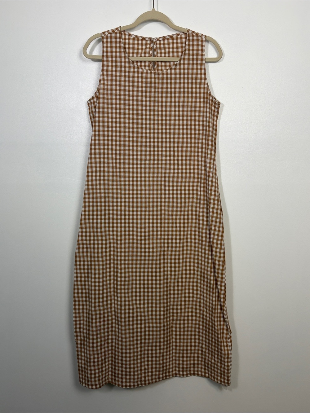LOMON Brown White Gingham 100% Cotton Sheath Maxi Dress Women’s Size Medium NWT